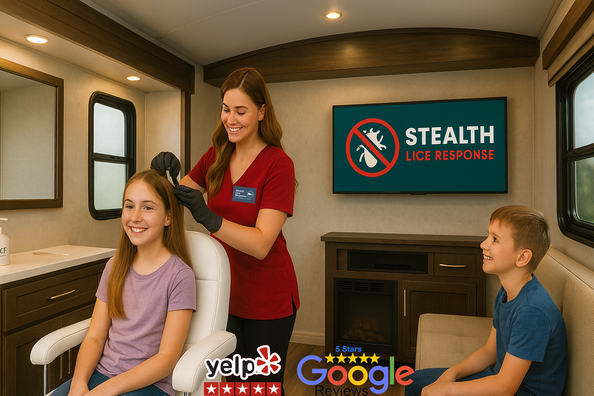 Lice Technician Removing Lice inside Mobile Salon Bus